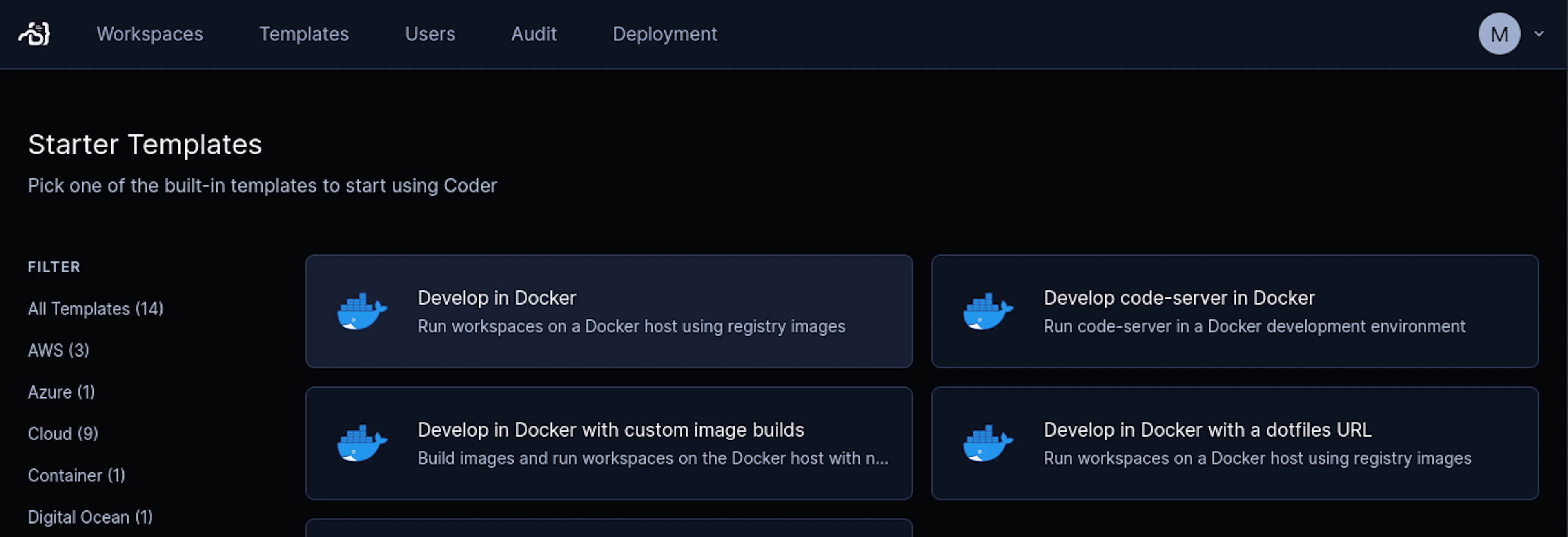 Selecting the Developer in Docker template