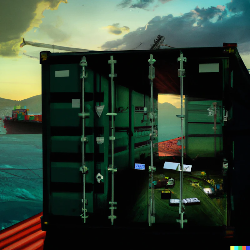 A sea container on a ship of containers, with a development environment - created by DALL E 2