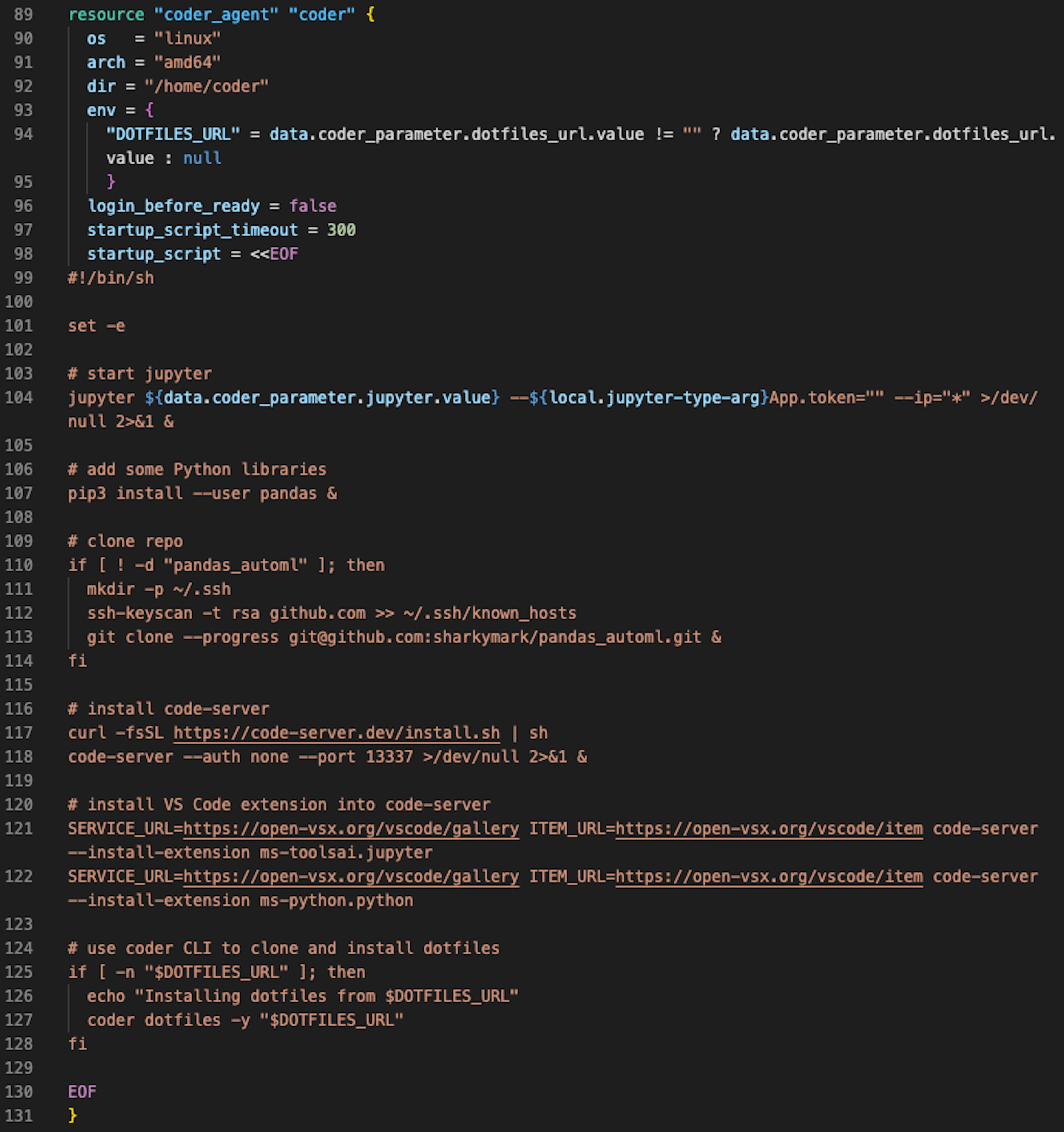 Infrastructure teams configure Terraform templates to install and start IDEs, clone source code and dotfiles git repositories, and install VS Code extensions