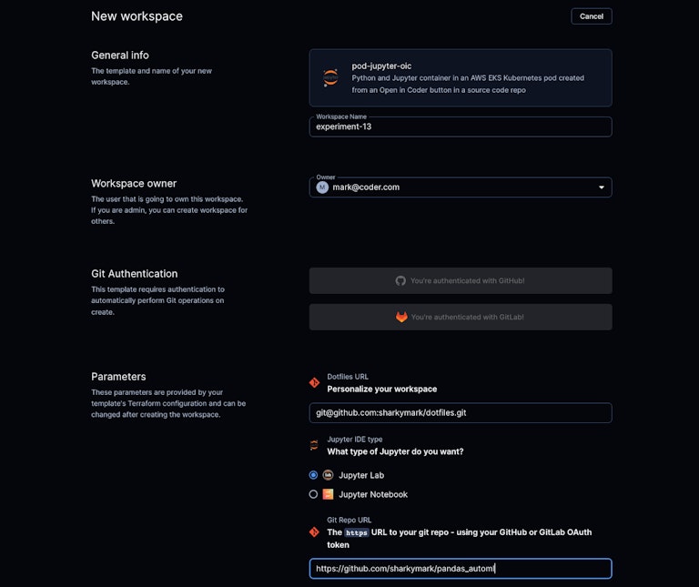 End users create development environments with input parameters specified in the Terraform templates