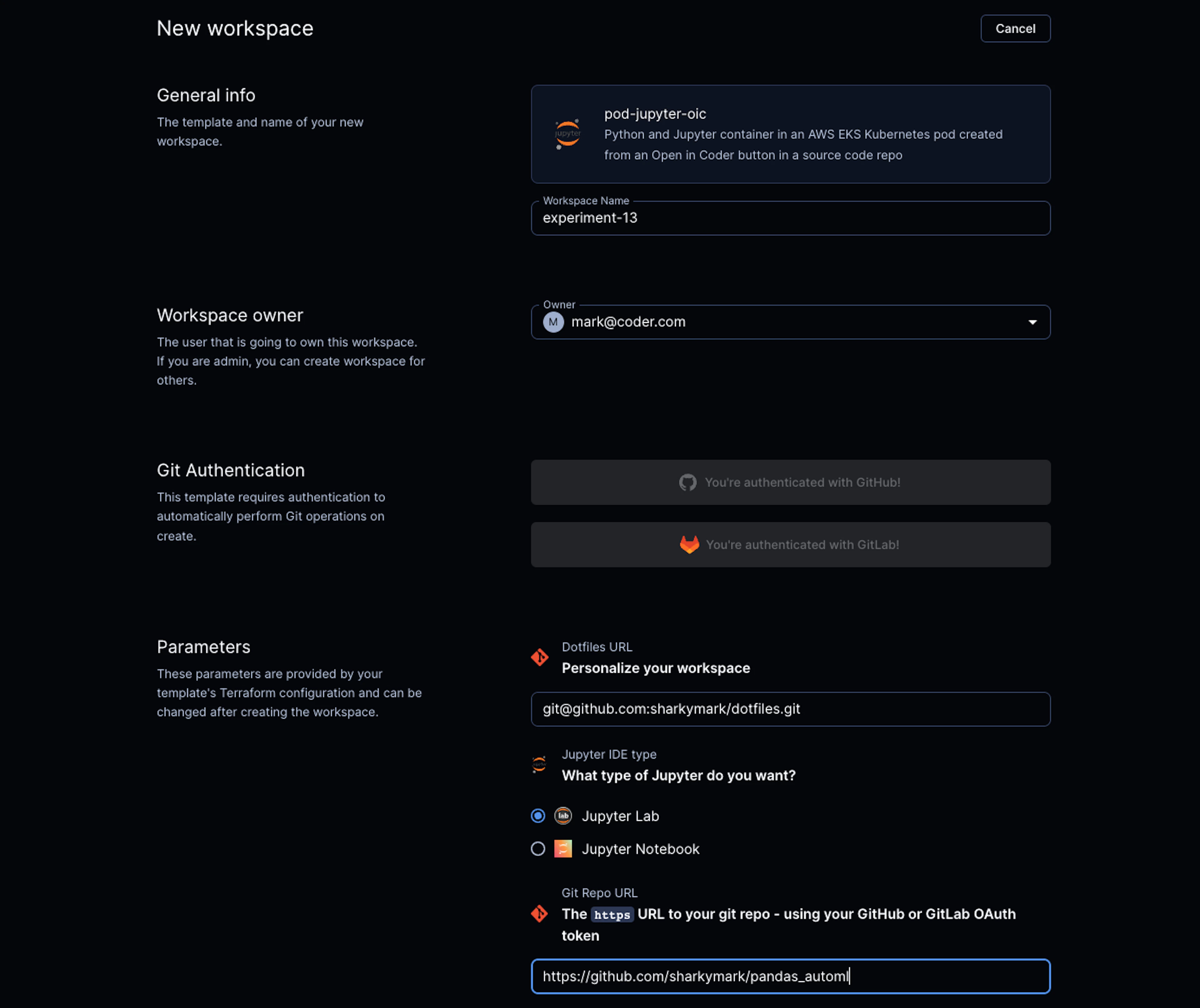 End users create development environments with input parameters specified in the Terraform templates