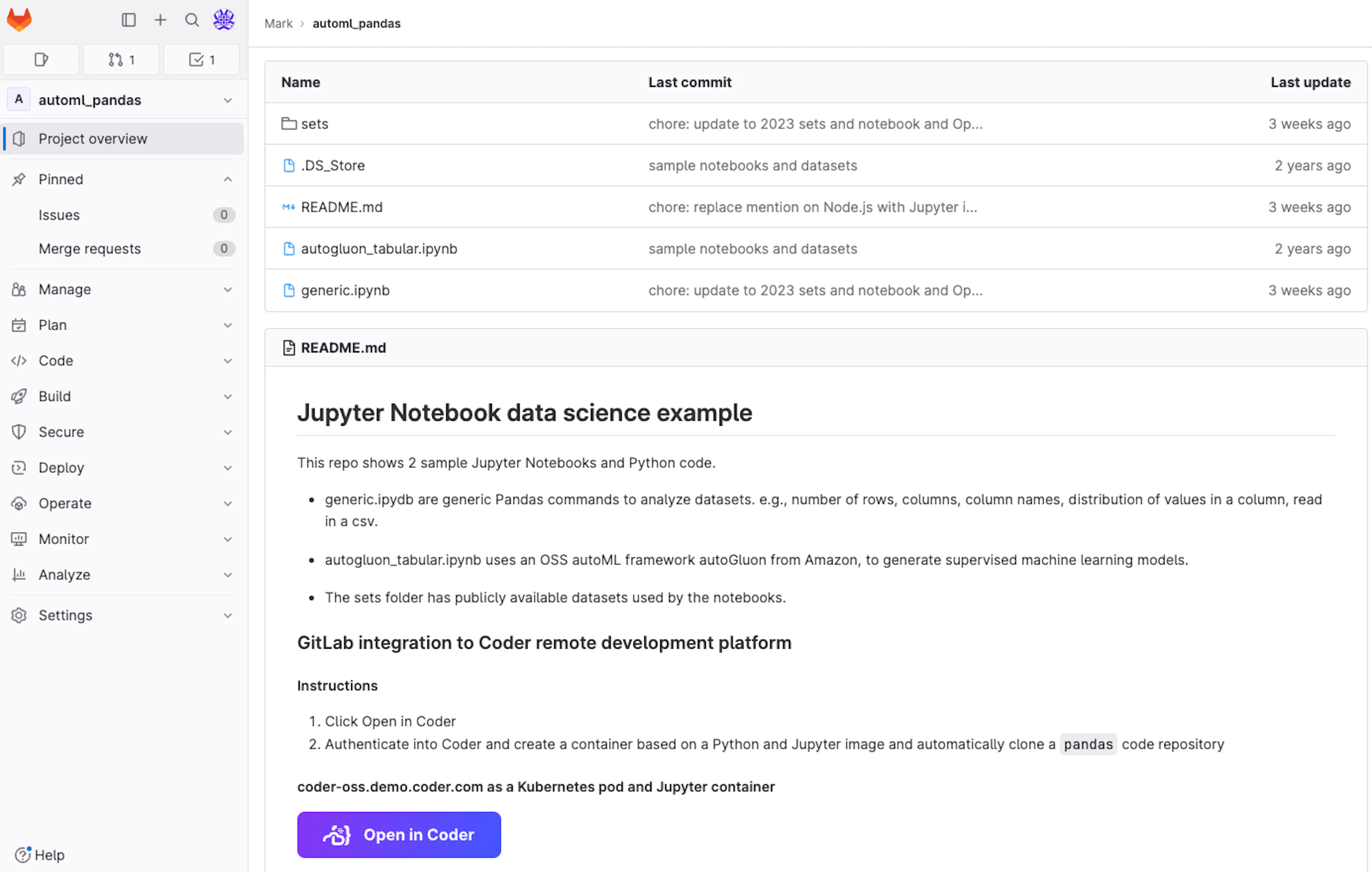 The Open in Coder button in a git source code repository to automatically create a development environment in Coder