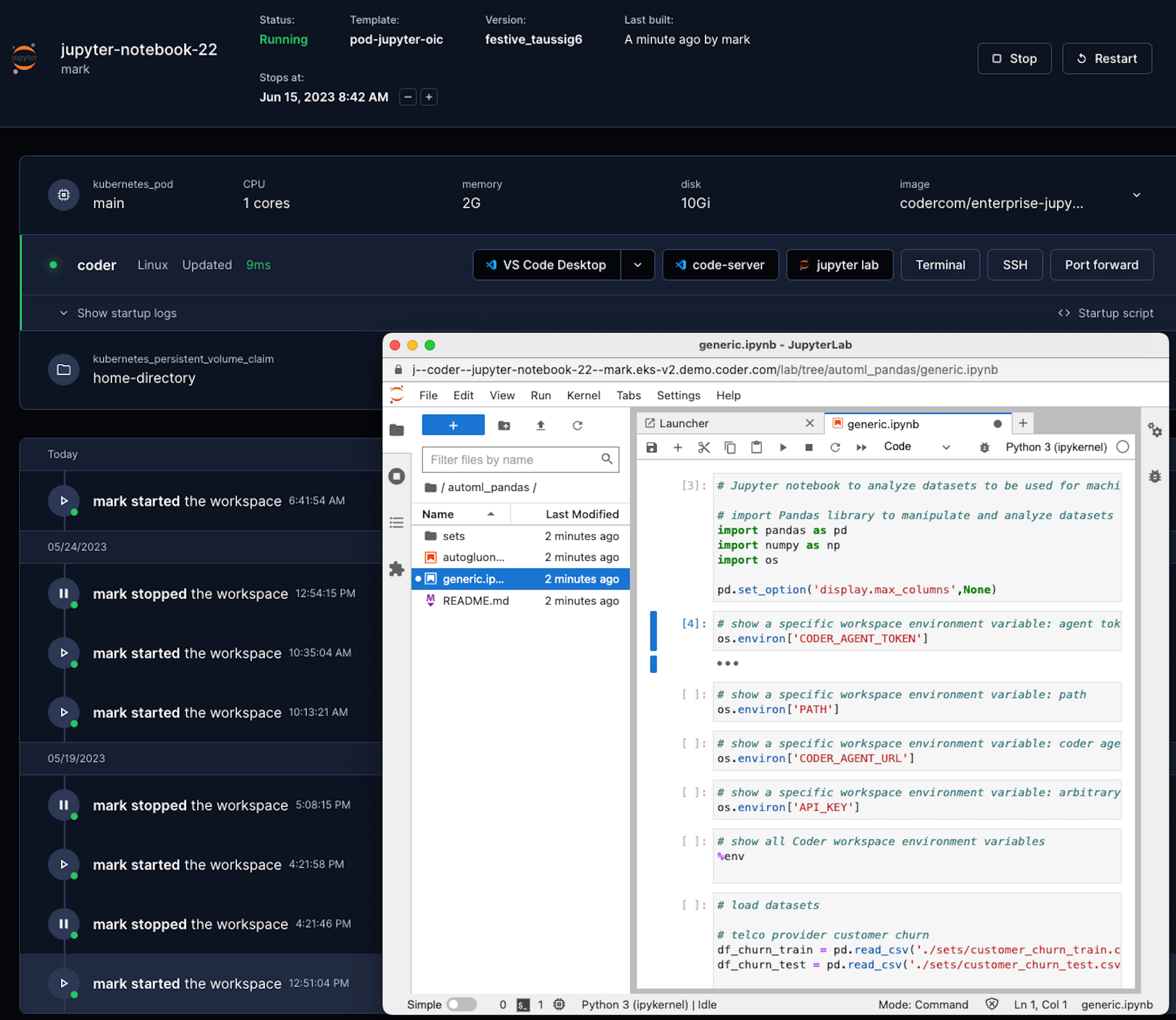 A Coder development environment with a Jupyter IDE and a Python notebook open