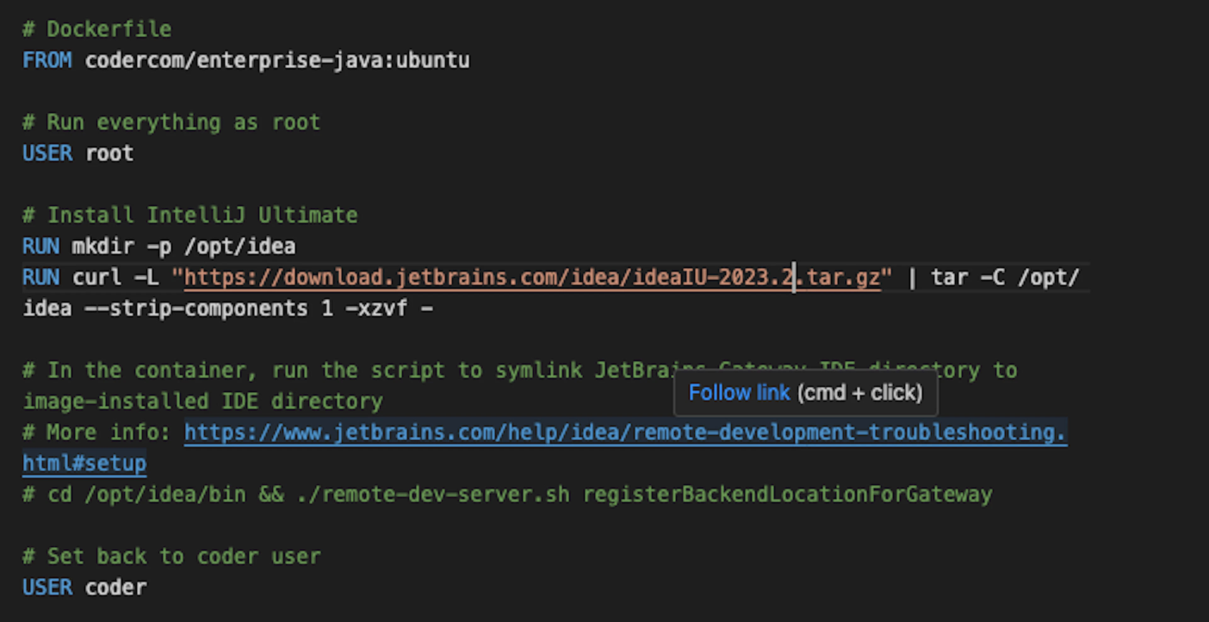 A Dockerfile based on a Java 11 image with the latest JetBrains IntelliJ IDEA version