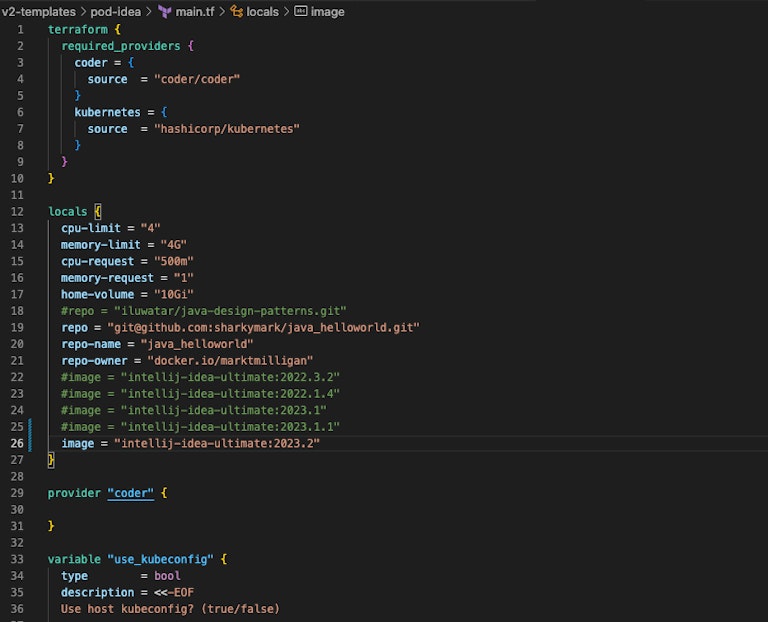A Coder Terraform template with the new container image tag for JetBrains IntelliJ