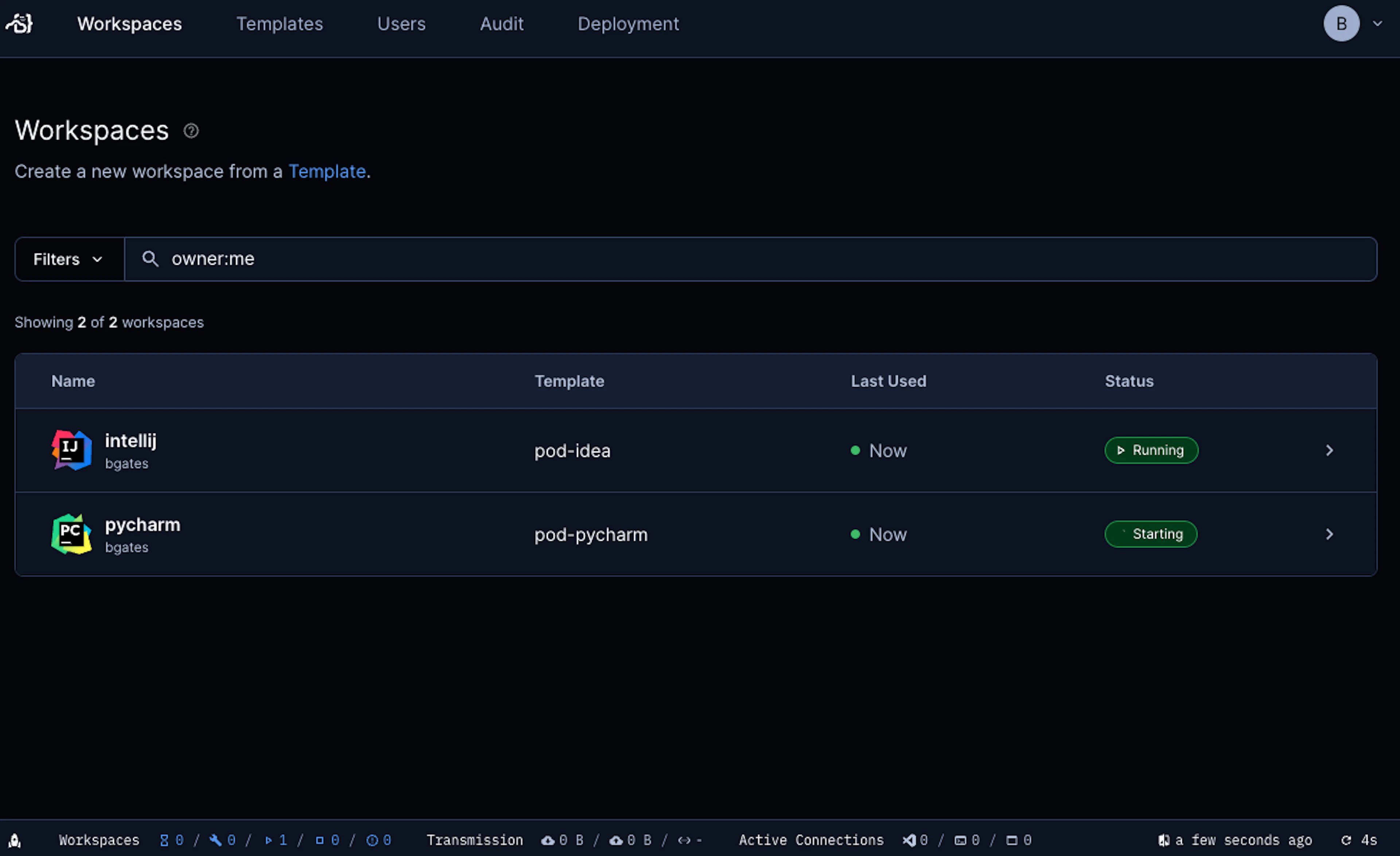 The Coder web dashboard with JetBrains IntelliJ and PyCharm remote development environments running in an enterprise's Kubernetes, VM or Docker infrastructure
