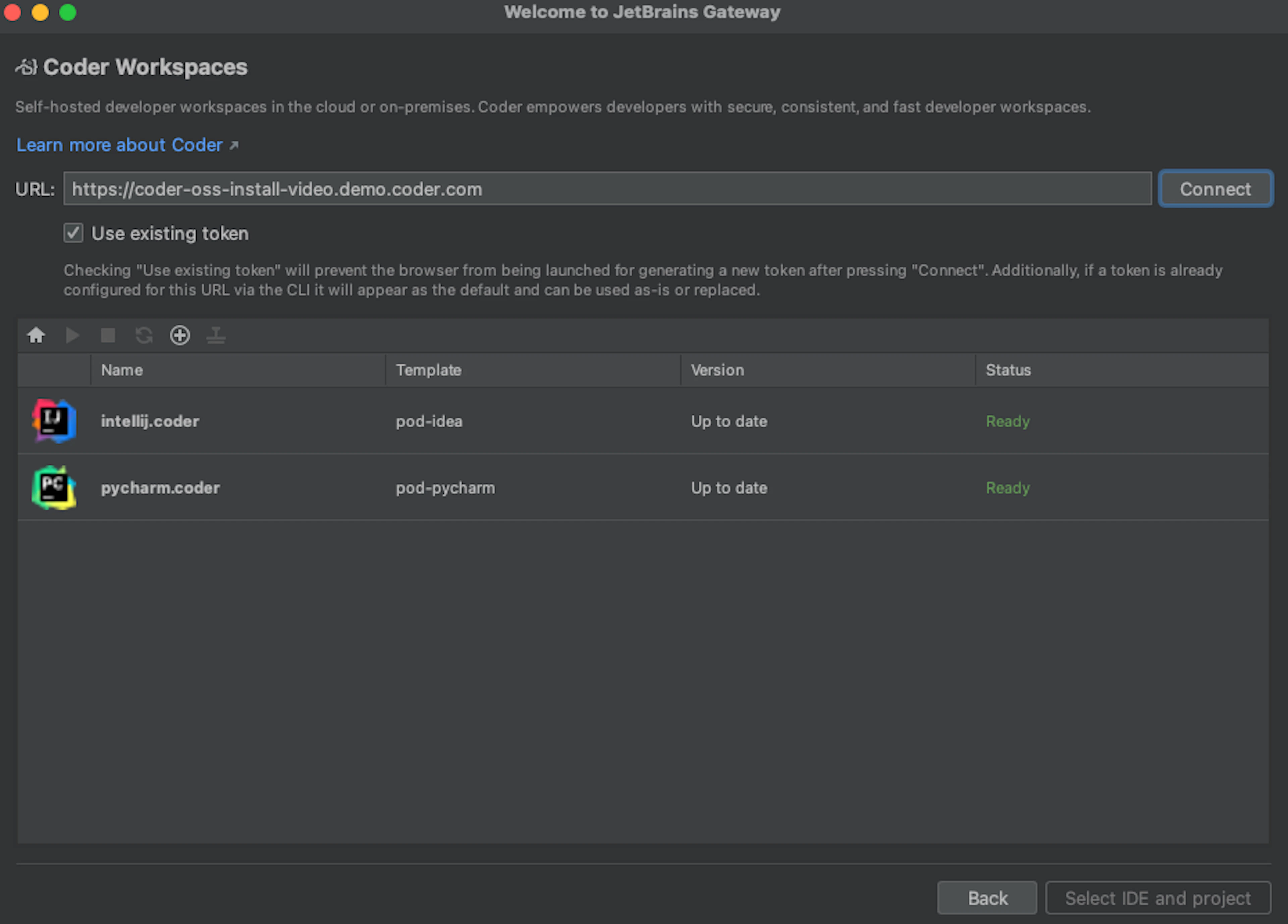 The Coder plugin with the JetBrains remote development environments running