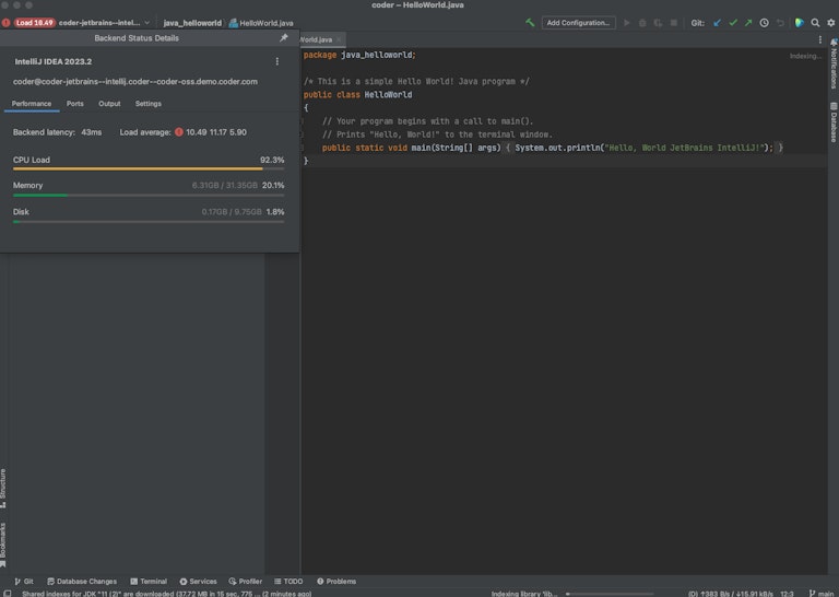 JetBrains IntelliJ client running in JetBrains Gateway on a local machine - connected to a Coder remote development environment