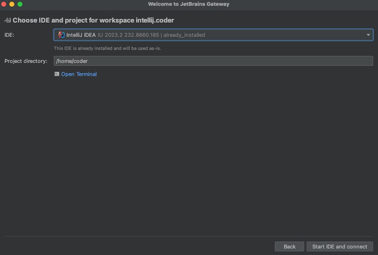 The Coder plugin either finds the JetBrains IDE in the remote development environment, or prompts the user to download a JetBrains IDE