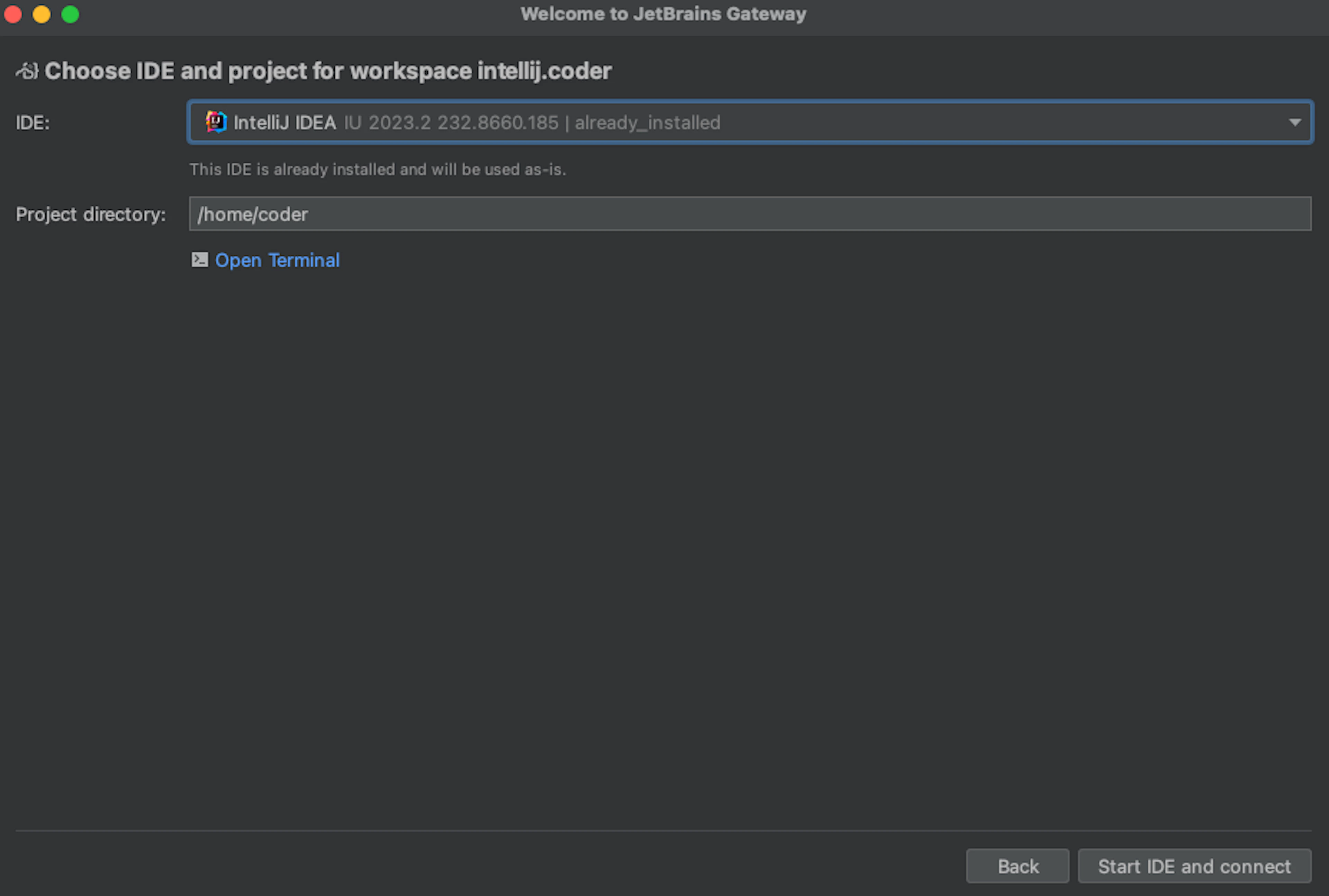 The Coder plugin either finds the JetBrains IDE in the remote development environment, or prompts the user to download a JetBrains IDE