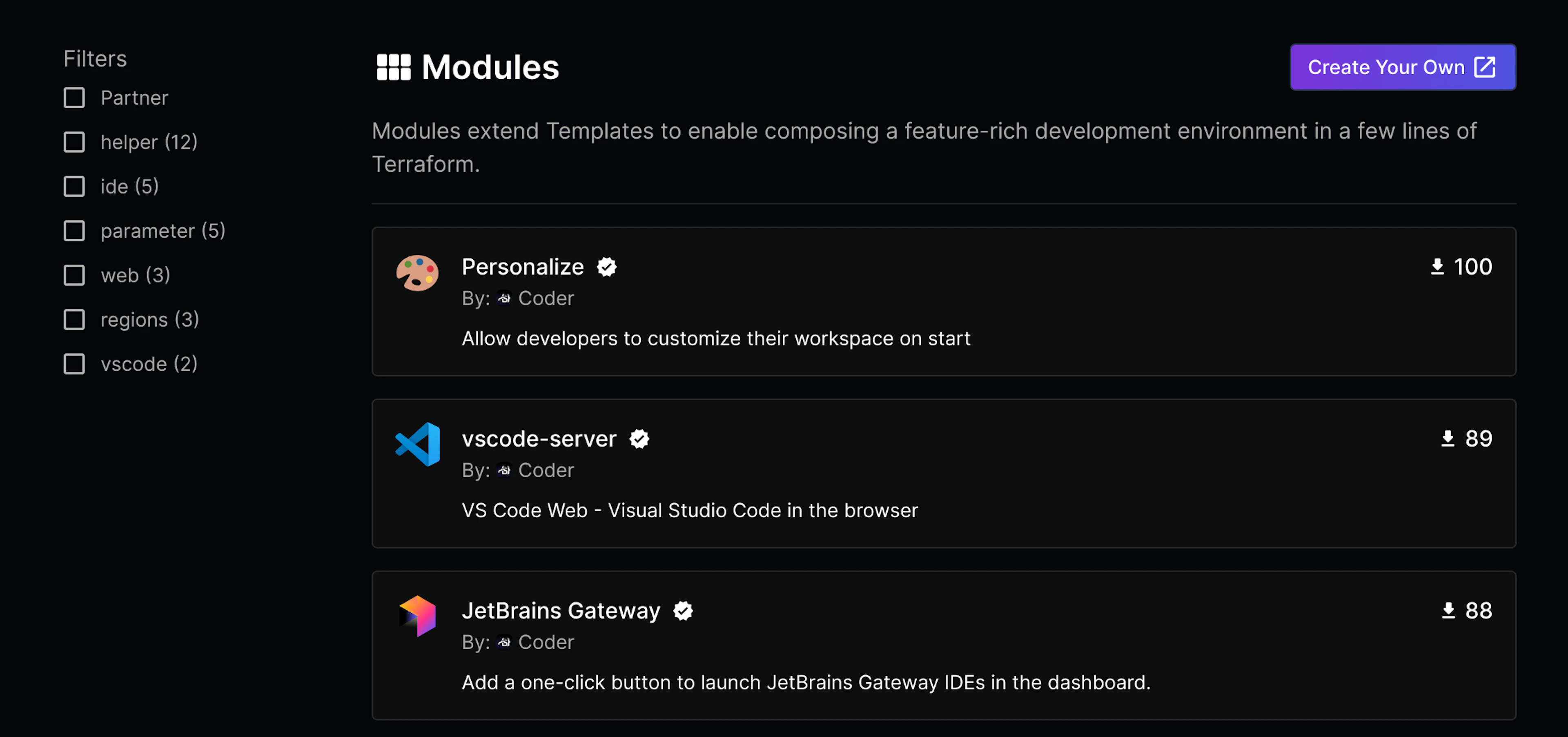 List of modules in Coder Regsitry