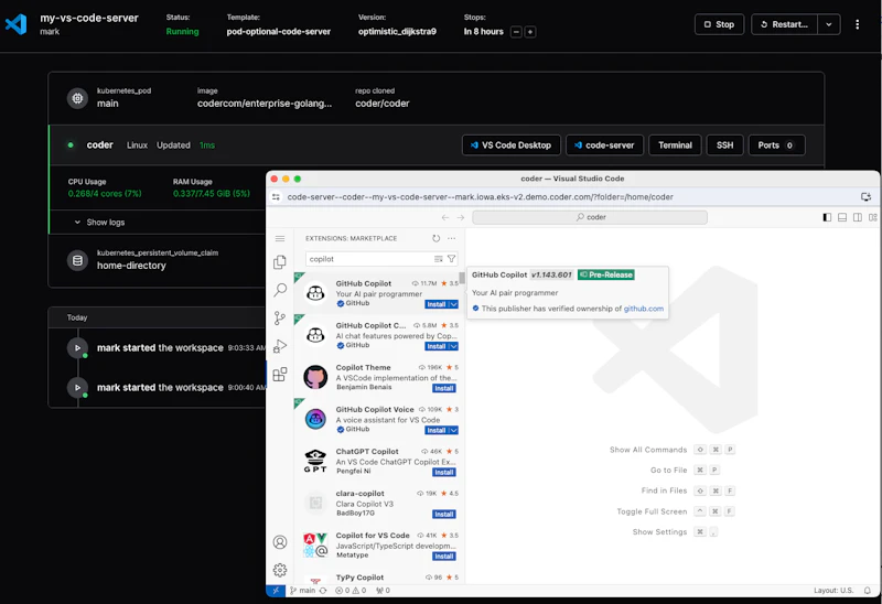 A Coder workspace with Microsoft's web VS Code IDE called VS Code Server  in a browser.