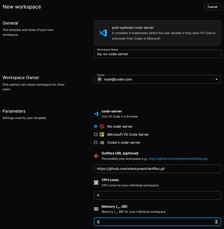 A user about to create a Coder workspace where they select if want a web VS Code, and if so, Coder's code-server or Microsoft VS Code Server.