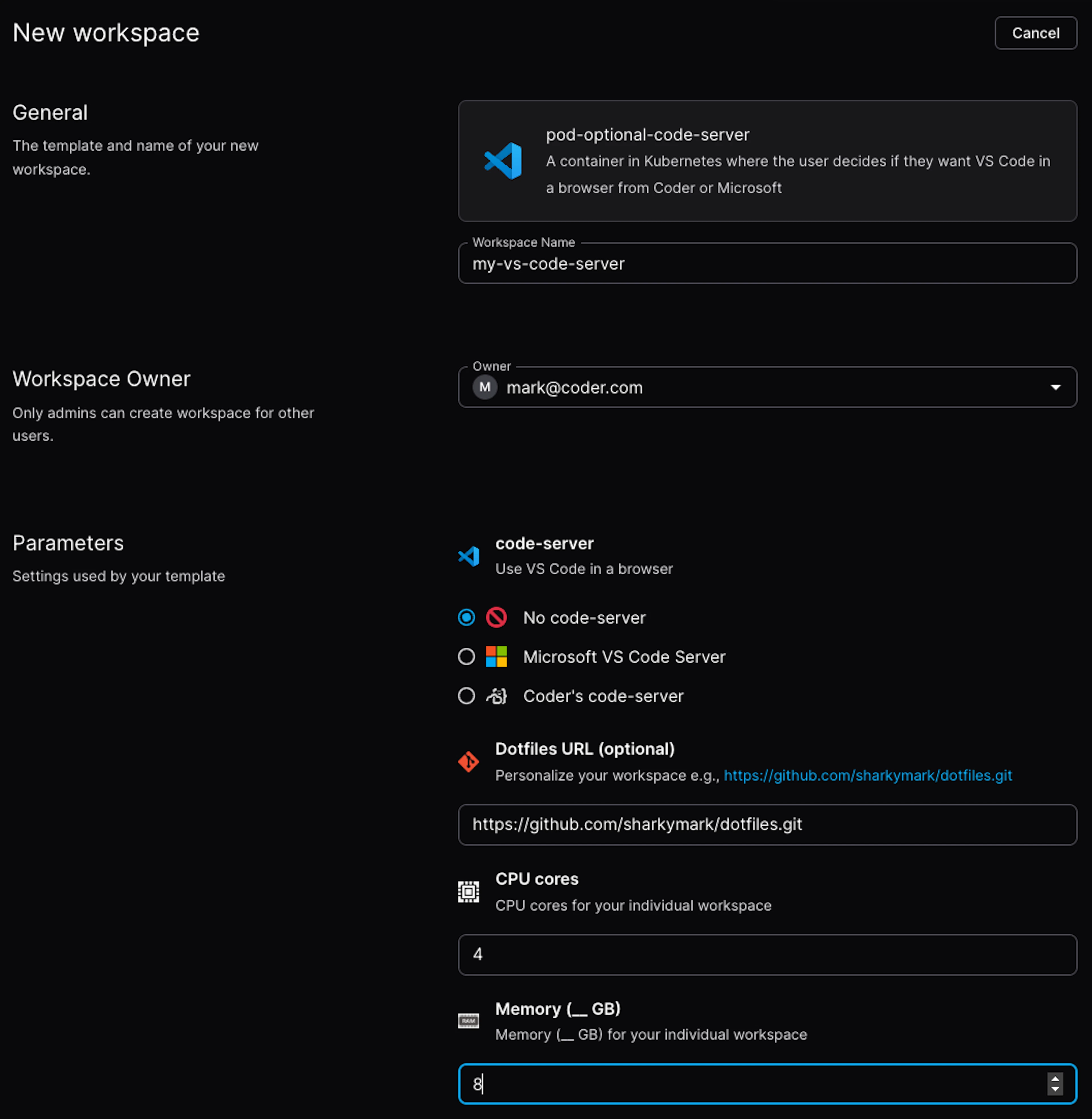 A user about to create a Coder workspace where they select if want a web VS Code, and if so, Coder's code-server or Microsoft VS Code Server.