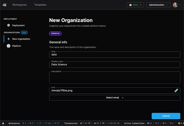 Screenshot: New Organization