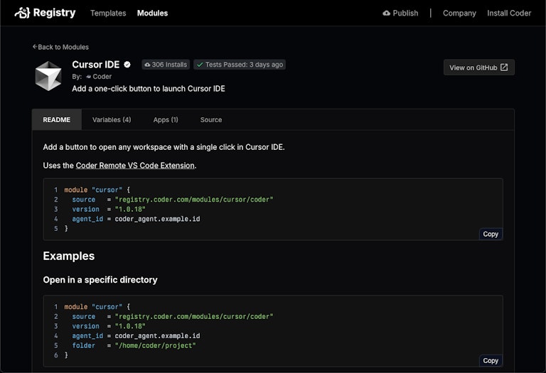 Screenshot: Cursor IDE in the Coder Registry