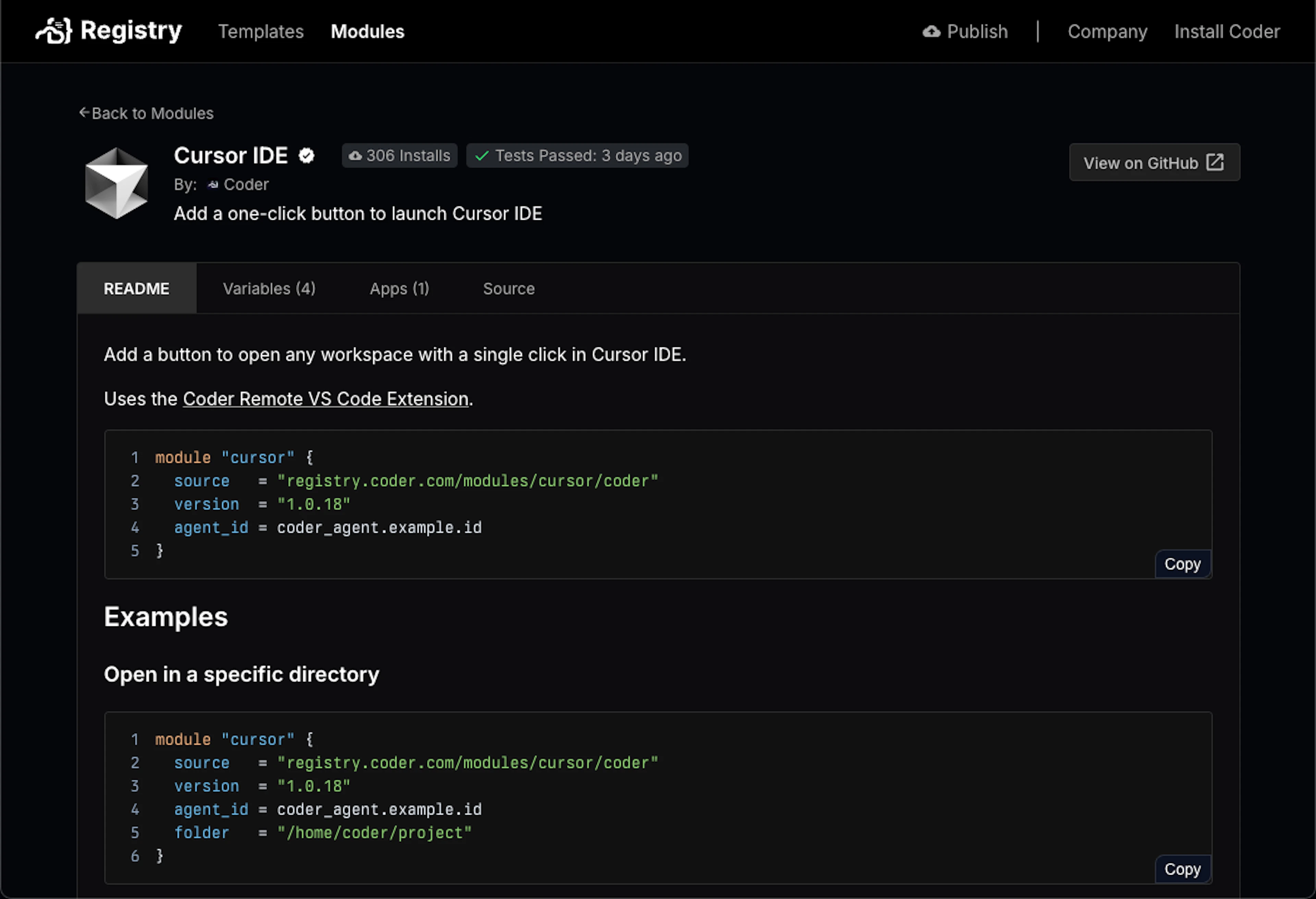 Screenshot: Cursor IDE in the Coder Registry