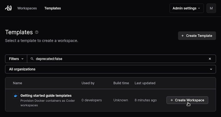 Create a workspace from a template in Coder's cloud development environment