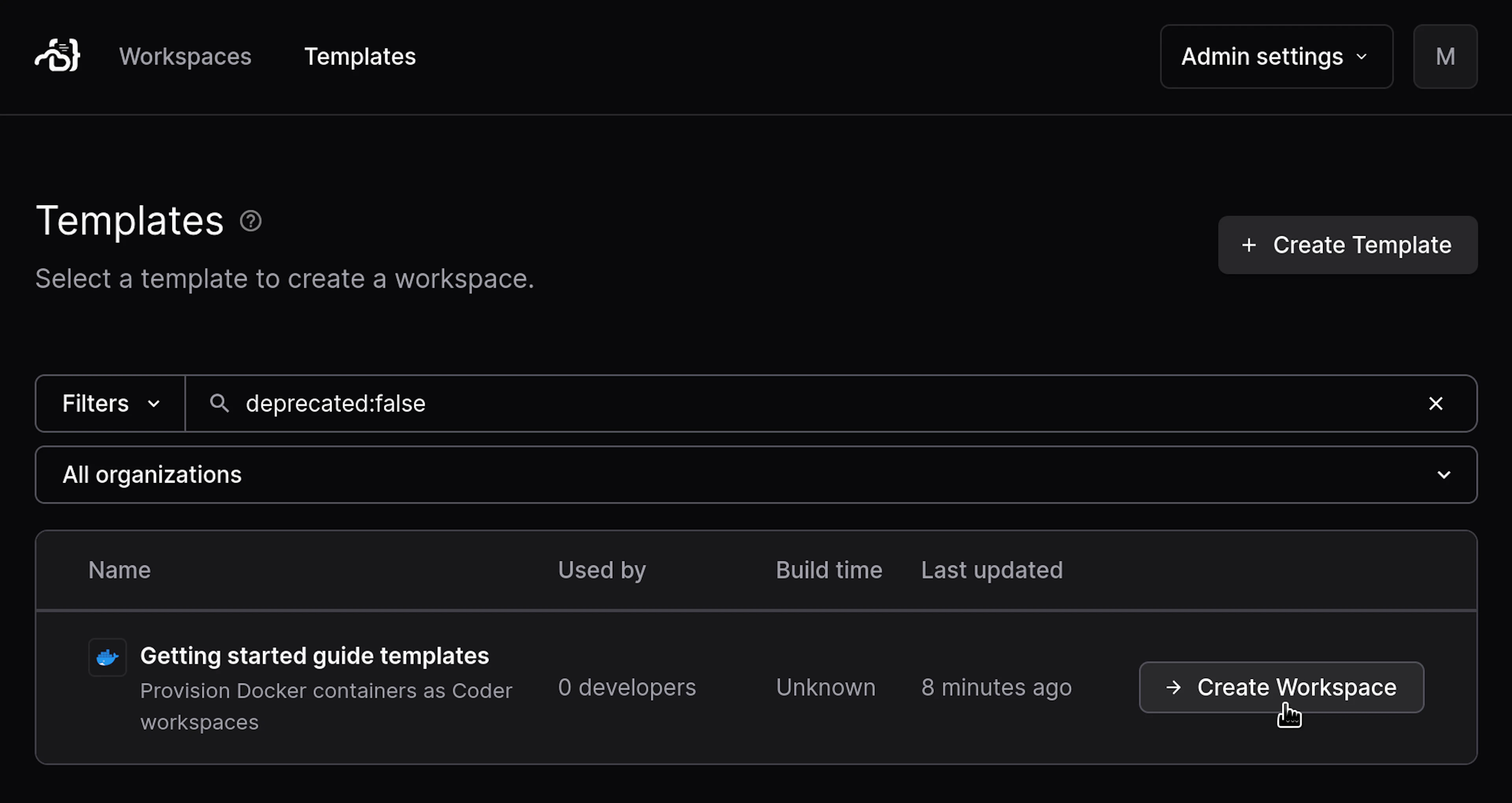 Create a workspace from a template in Coder's cloud development environment