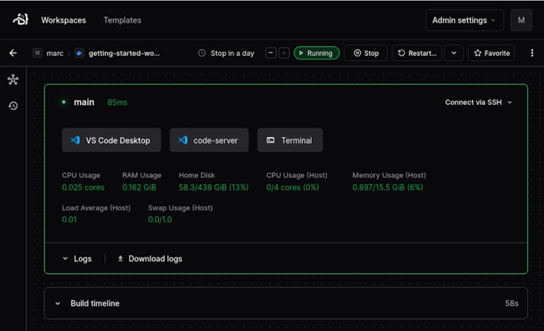 To connect VS Code to your workspace in Coder's cloud development environment, just select VS Code Desktop.