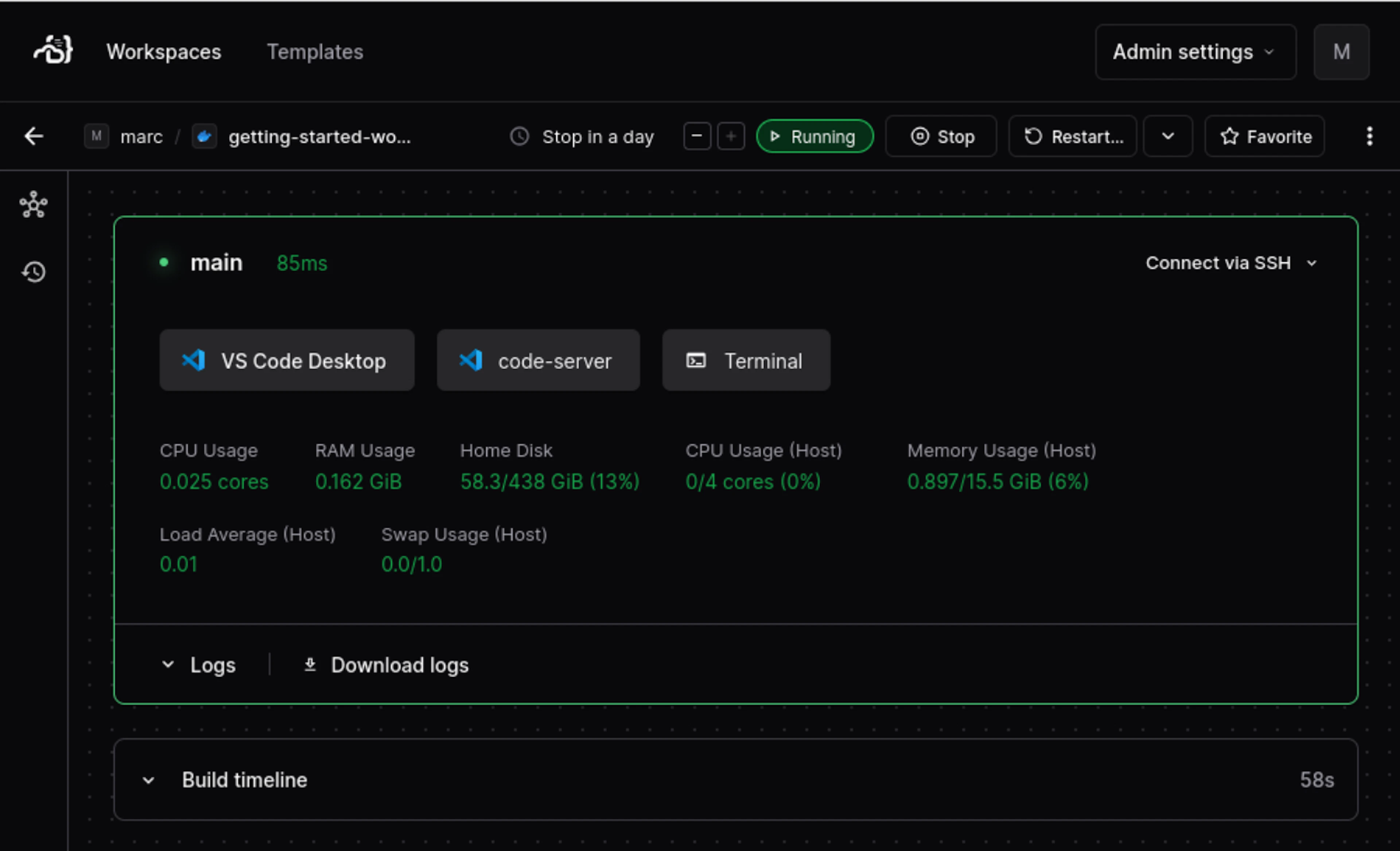 To connect VS Code to your workspace in Coder's cloud development environment, just select VS Code Desktop.