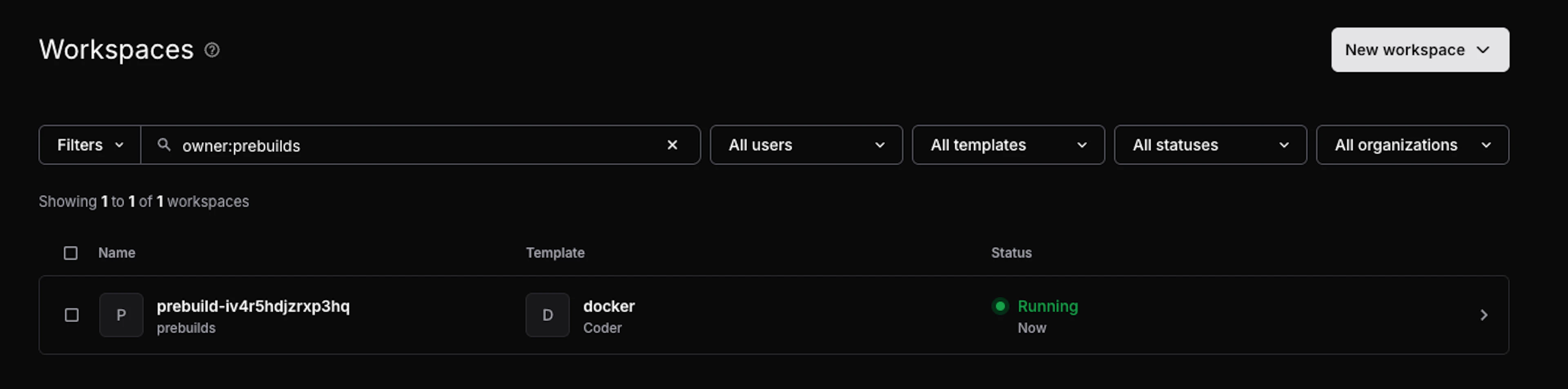 The Coder Workspaces page gives you clear visibility into your Prebuilt workspaces.