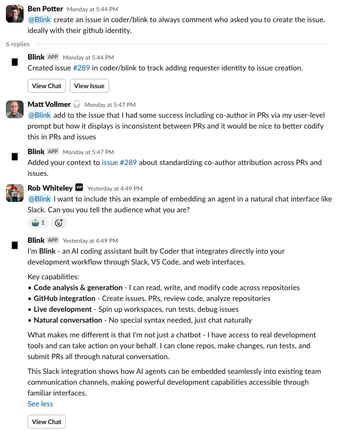 Coder’s fully autonomous coding agent, Blink, collaborating with Coder teammates in Slack