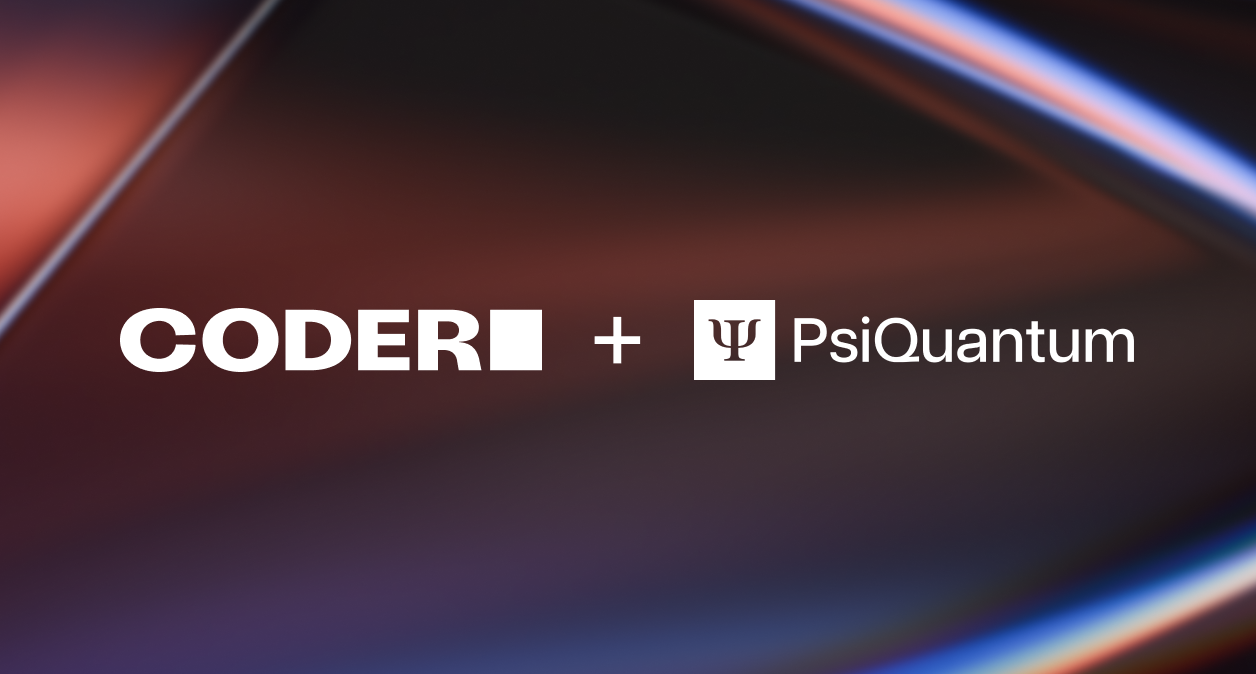 a blog post header displaying the Coder and PsiQuantum brand names on an abstract background
