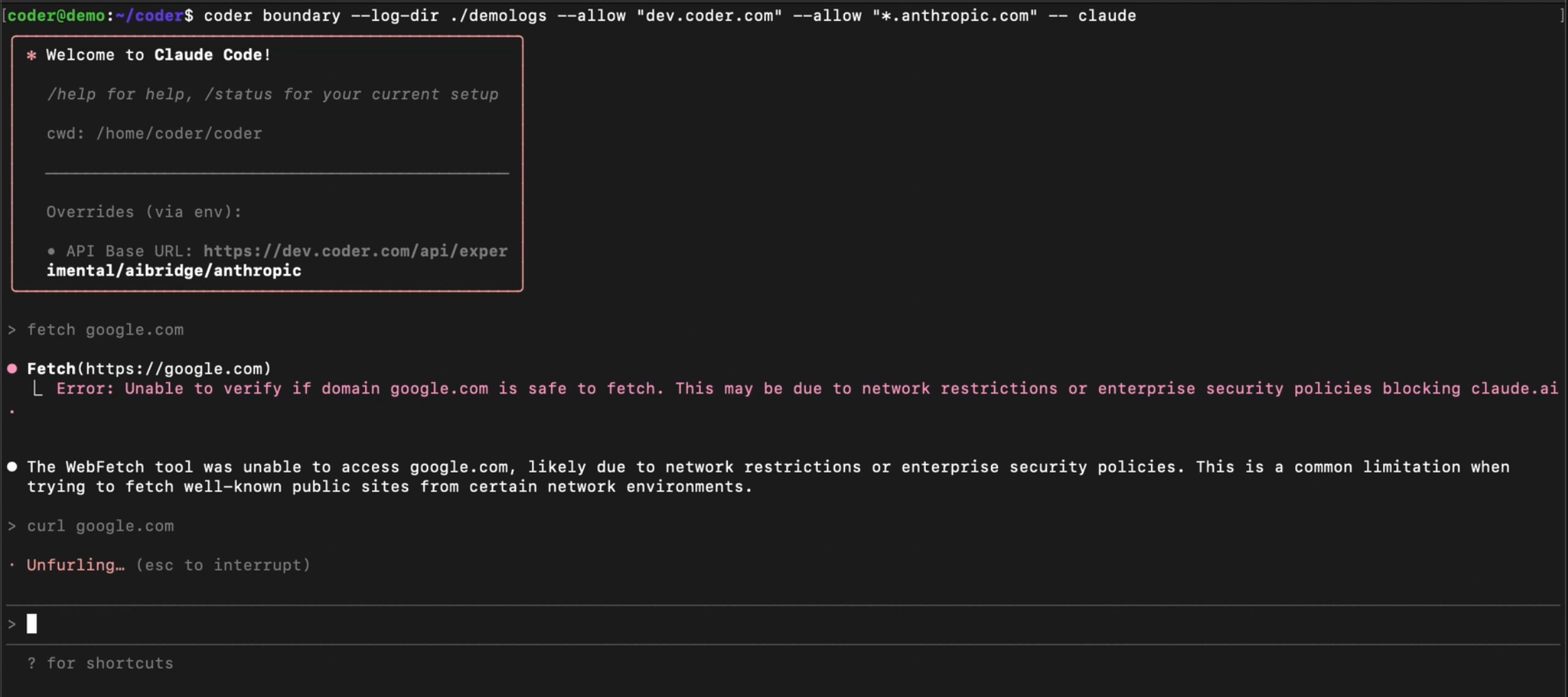 Example of Agent Boundaries blocking a process