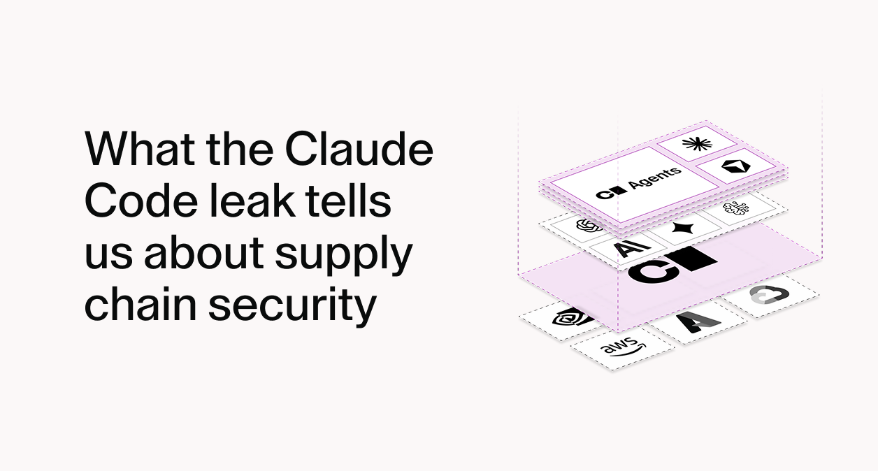 A blog thumbnail of the headline and a architectural diagram of a software supply chain on a white background.