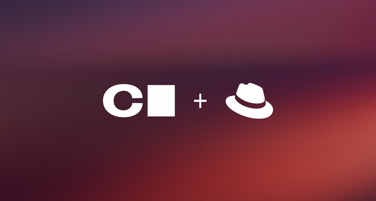 A blog post thumbnail of the Coder and Red Hat logo over a dark gradient background
