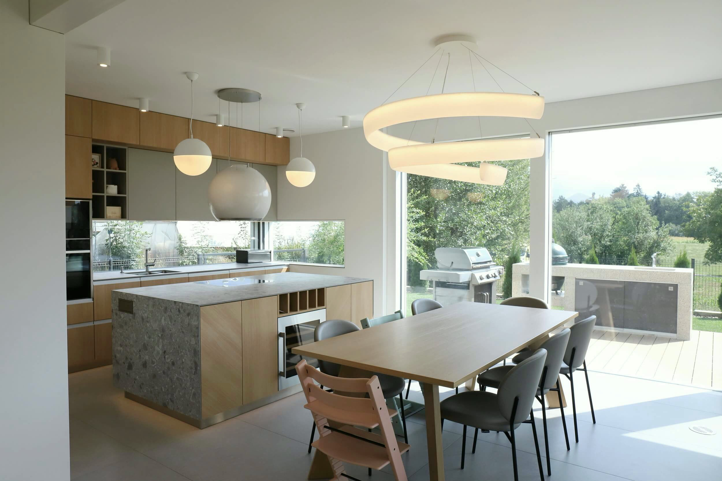 Kitchen and dining area with a view