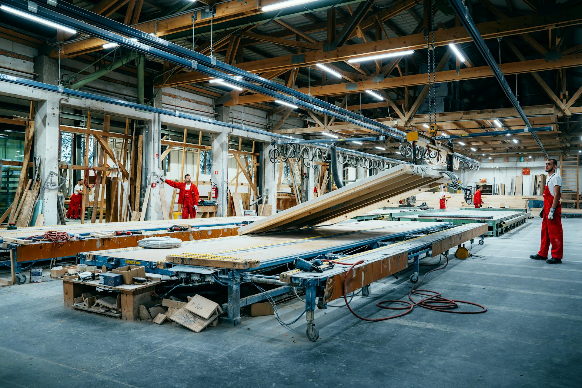 Wide view of timber element production at KAGER