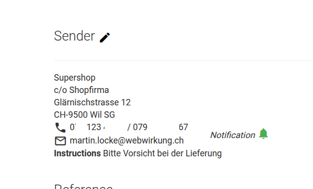 Sender data in planzer