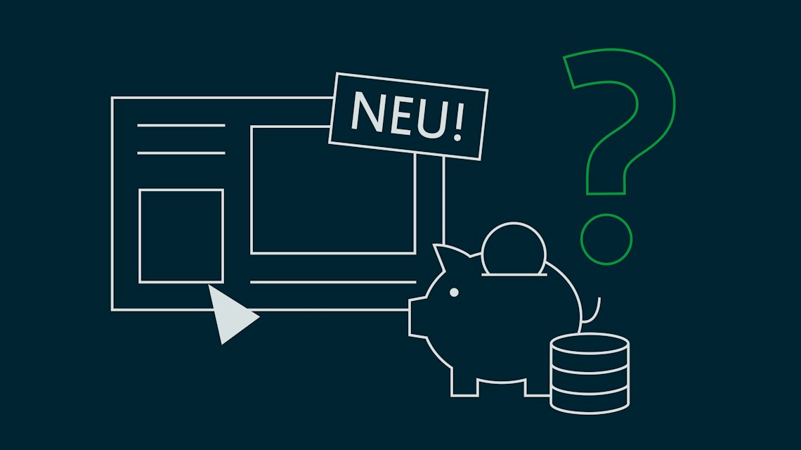 Illustration: eine neue Webseite mit Sparschwein, Münzen und Fragezeichen