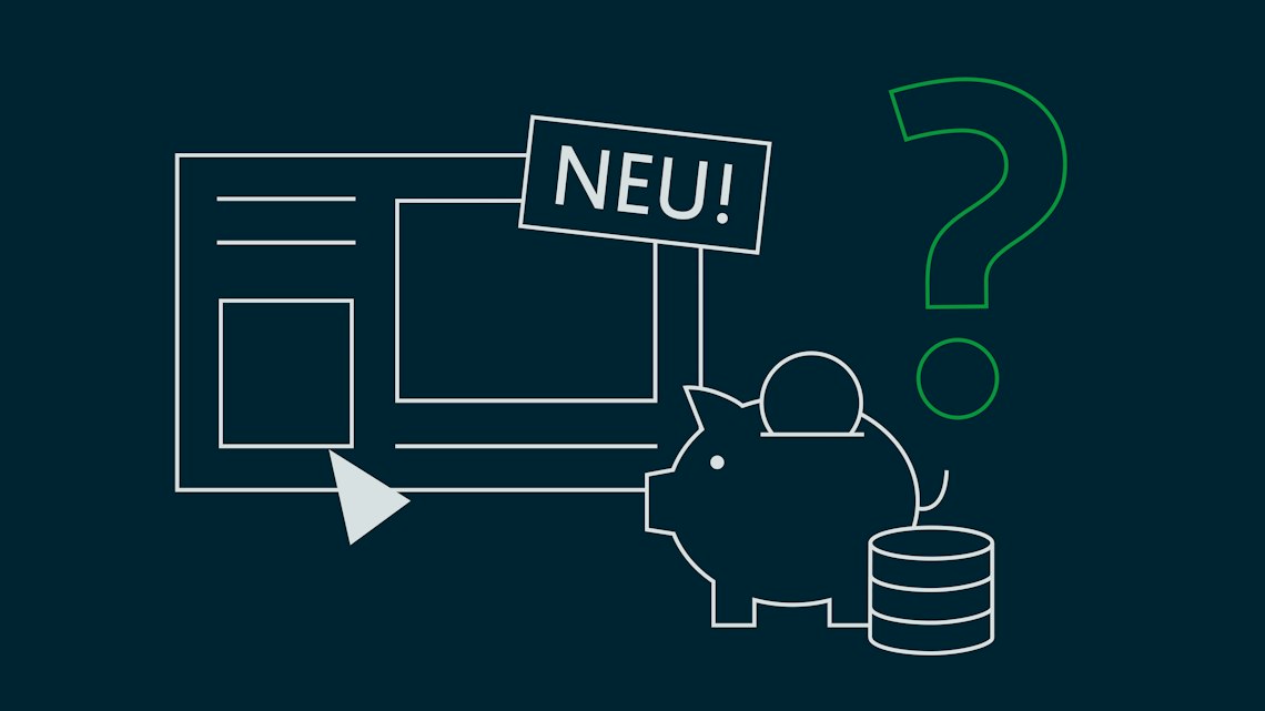 Illustration: eine neue Webseite mit Sparschwein, Münzen und Fragezeichen
