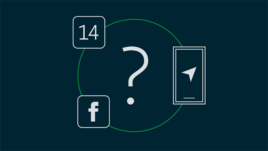 Illustration: ein Facebook-Symbol und die Zahl 14 mit einem Fragezeichen und einem Smartphone