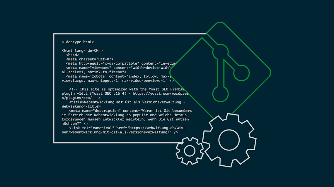 Illustration: HTML-Quelltext neben einem Git-Branch-Symbol und Zahnrädern