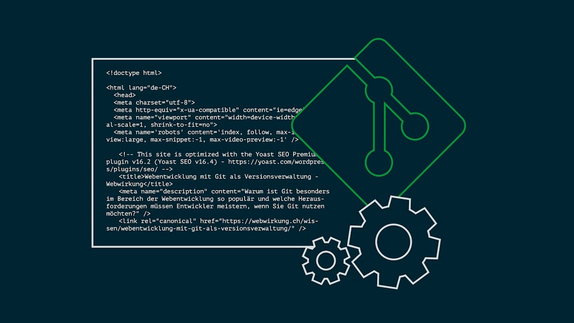 Illustration: HTML-Quelltext neben einem Git-Branch-Symbol und Zahnrädern