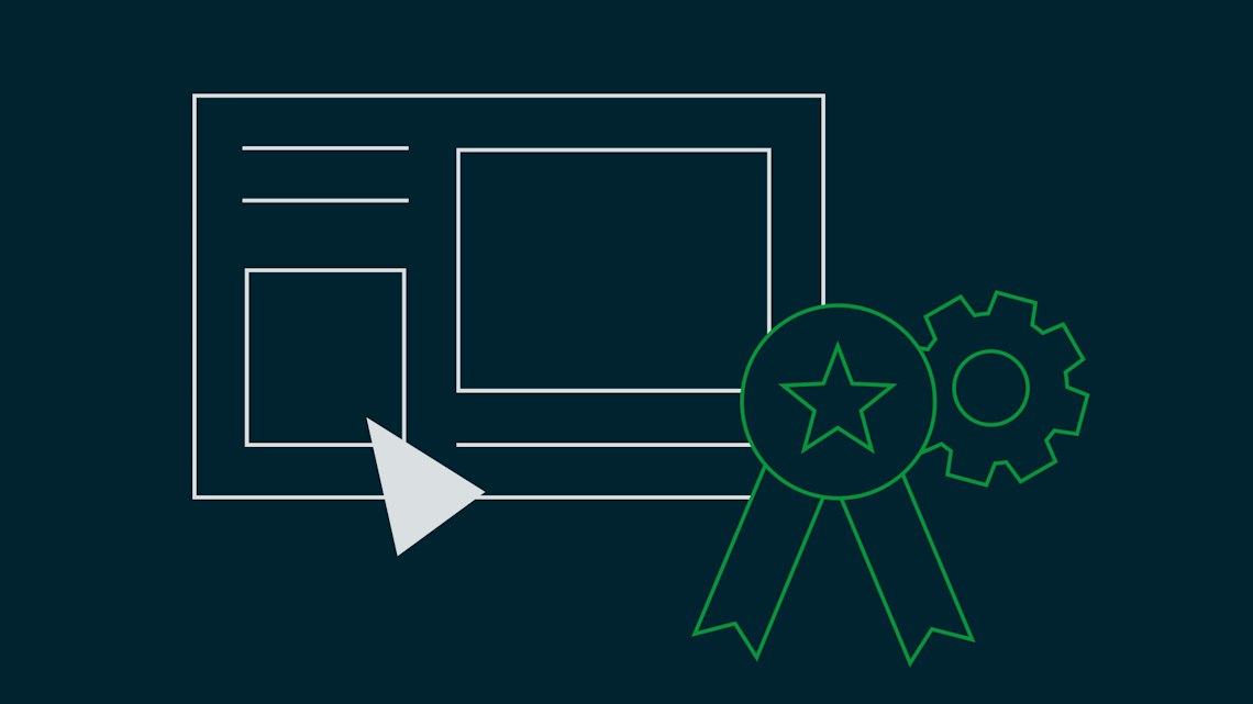 Illustration: eine Webseite mit Mauszeiger, daneben eine Auszeichnungsrosette und ein Zahnrad