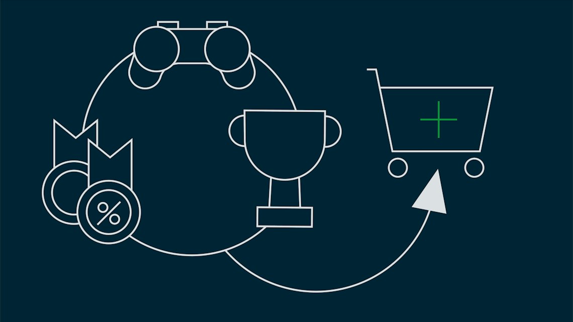 Illustration: ein Gamecontroller, ein Pokal und ein Rabattzeichen führen zu einem Einkaufswagen