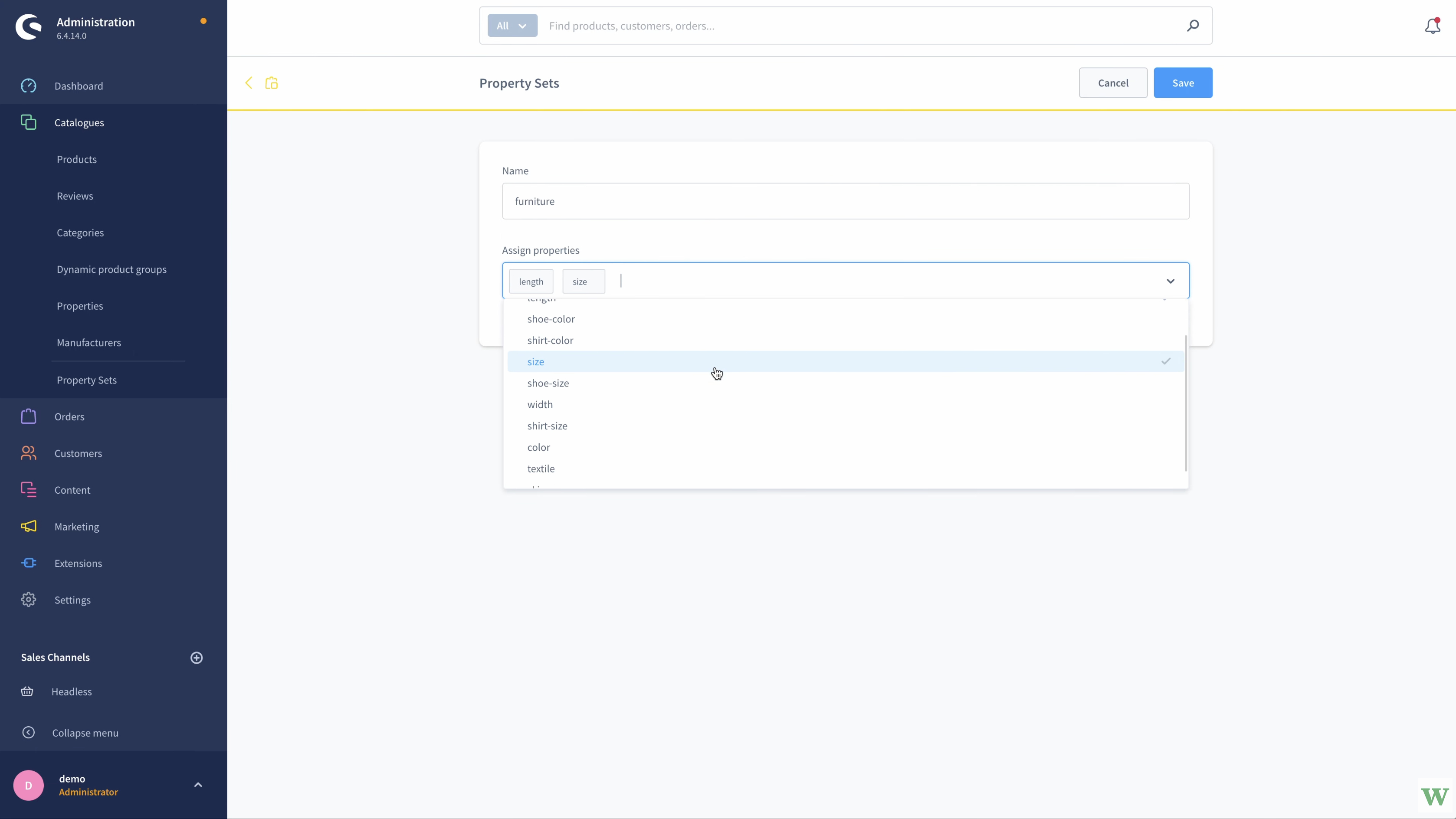 Screenshot: Anlegen eines Property Sets in der Shopware-6-Administration