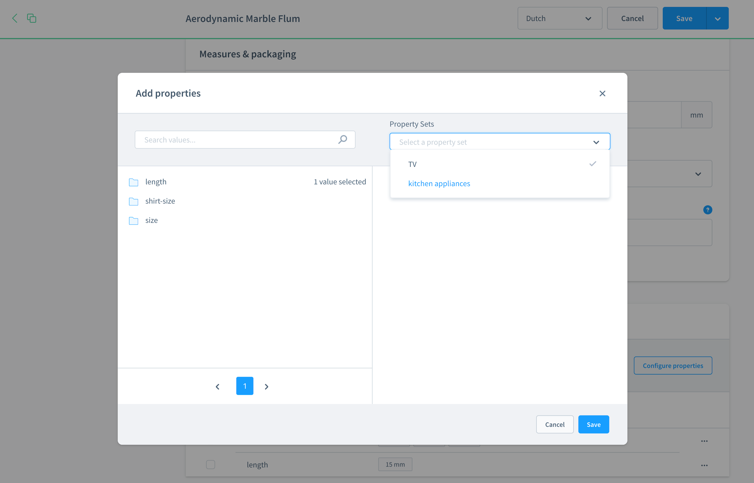Screenshot: Dialog «Add properties» mit Auswahl eines Property Sets in Shopware 6