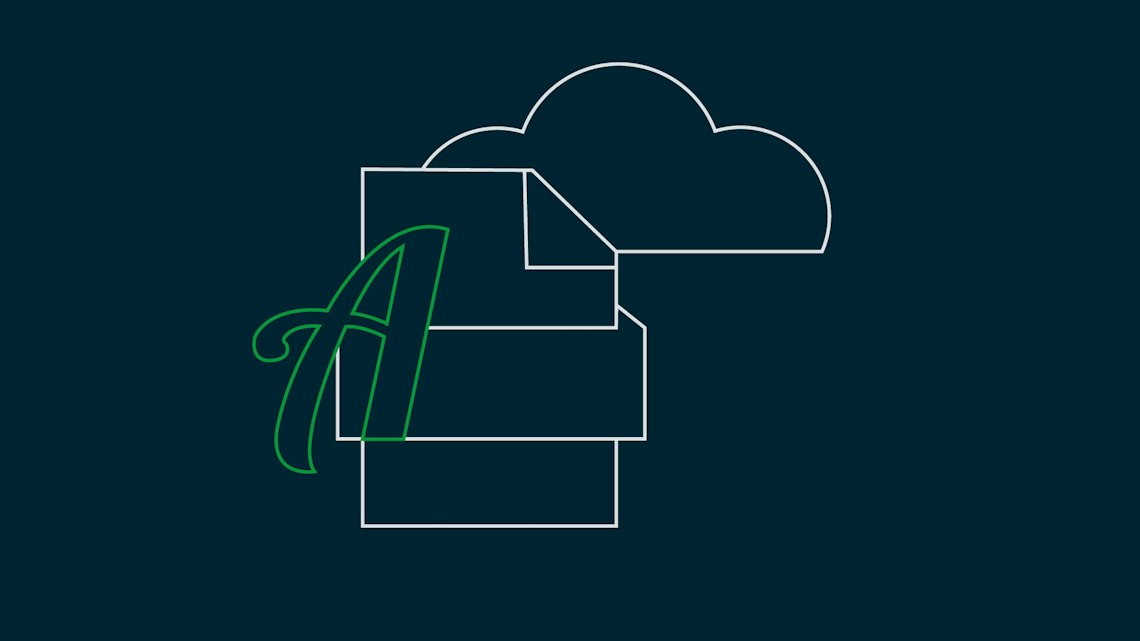 Illustration: ein Schriftzeichen A vor Dokumenten und einer Cloud