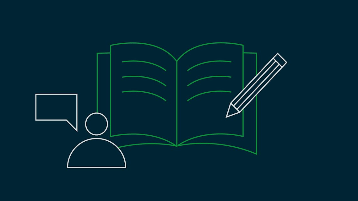 Illustration: eine erzählende Person vor einem aufgeschlagenen Buch mit Stift