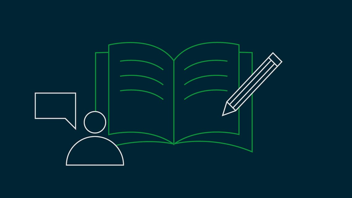 Illustration: eine erzählende Person vor einem aufgeschlagenen Buch mit Stift