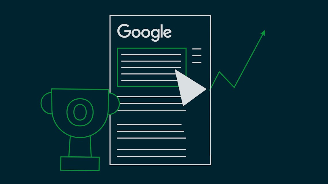 Illustration: eine Google-Suchergebnisseite mit hervorgehobenem Snippet und steigendem Pfeil