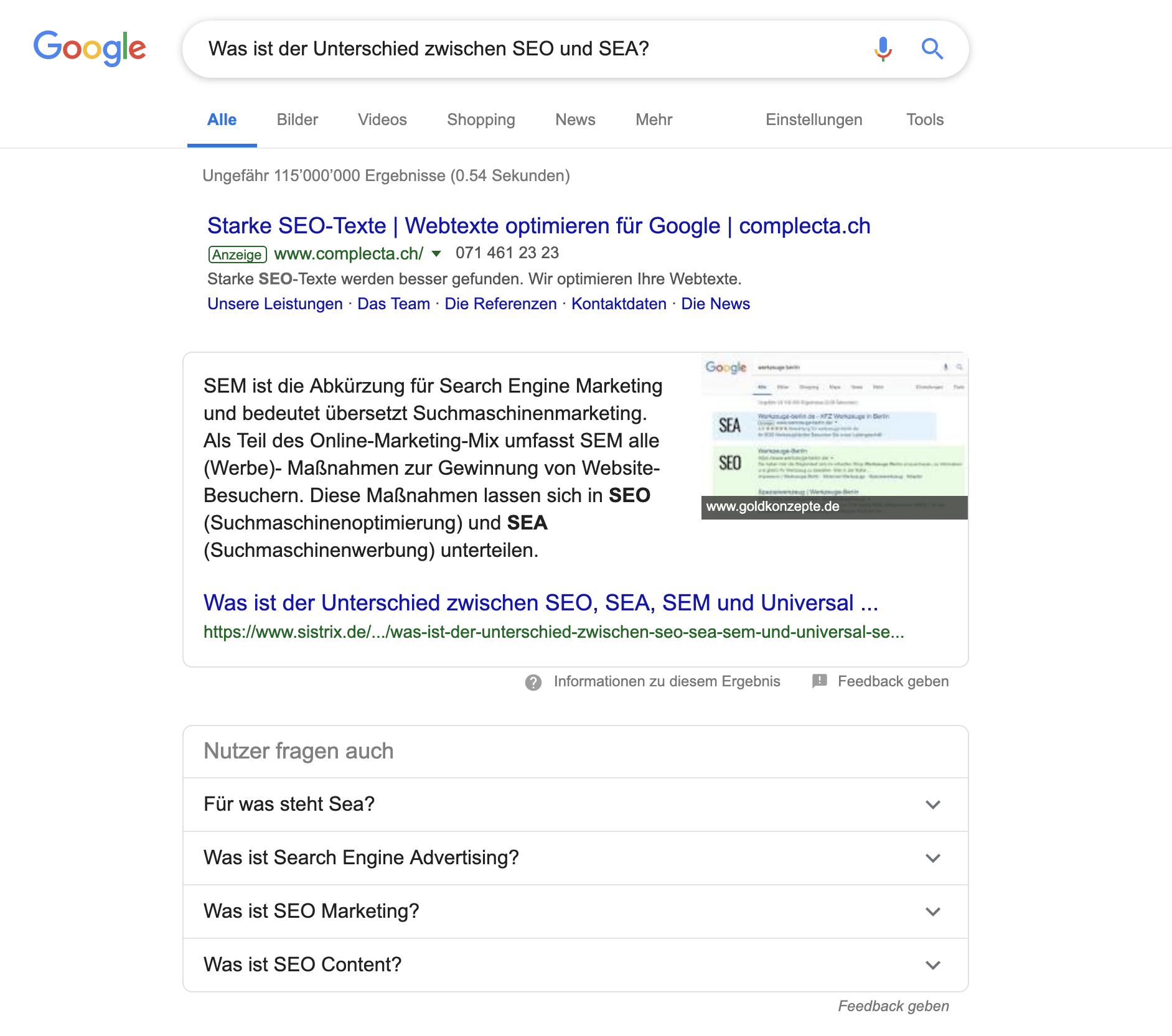 Screenshot: Google-Suchergebnis zu «Was ist der Unterschied zwischen SEO und SEA?» mit einem Featured Snippet