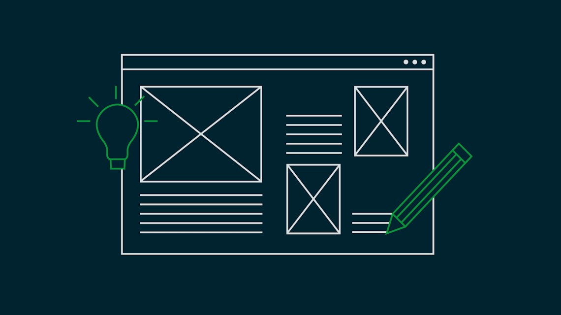 Illustration: ein Wireframe einer Webseite mit Glühbirne und Bleistift