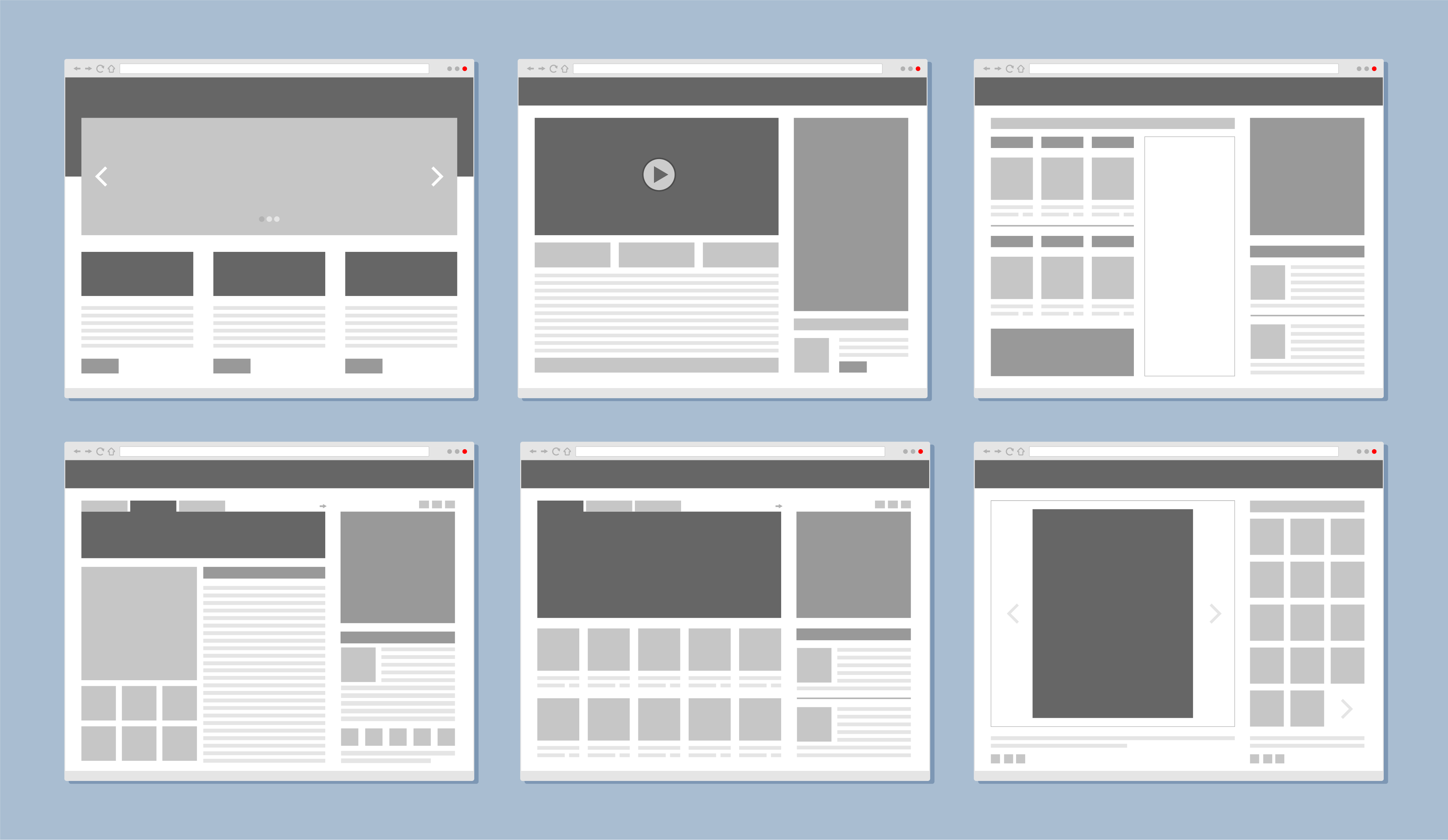 Sechs graue Wireframes von Webseiten-Layouts